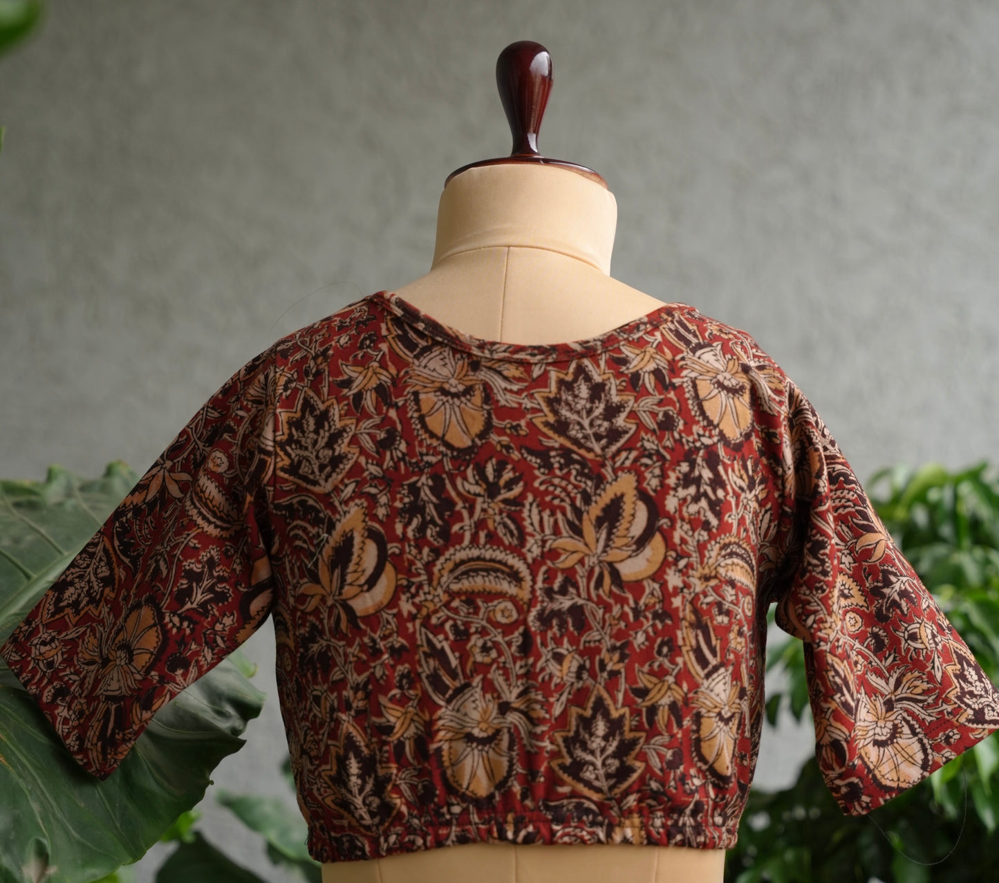 Red Boat Neck Stretchable Hand block printed kalamkari blouse