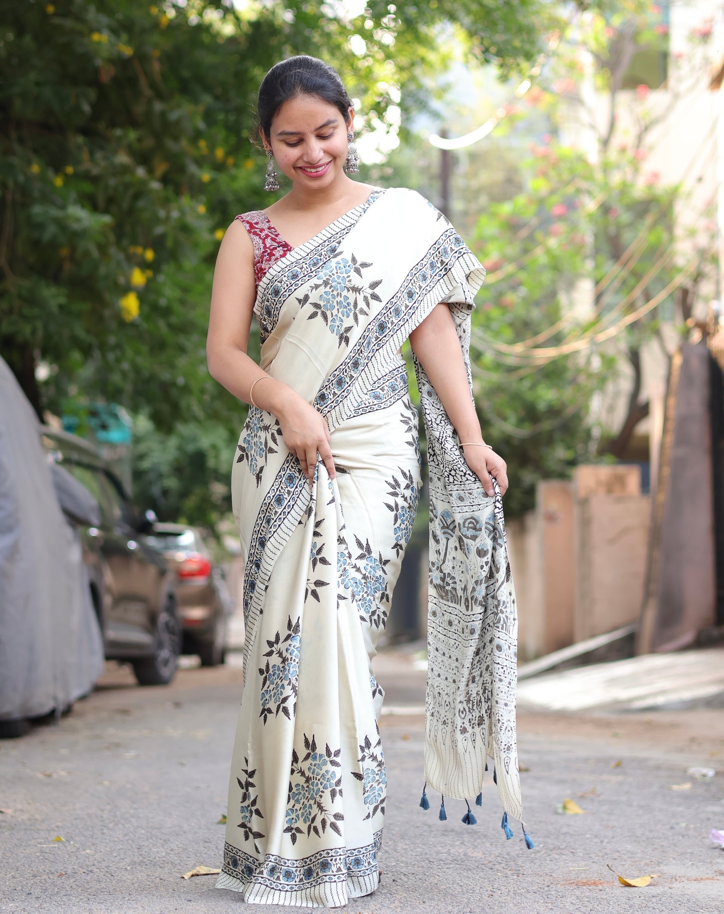 Cream Ajrakh Modal Silk Saree