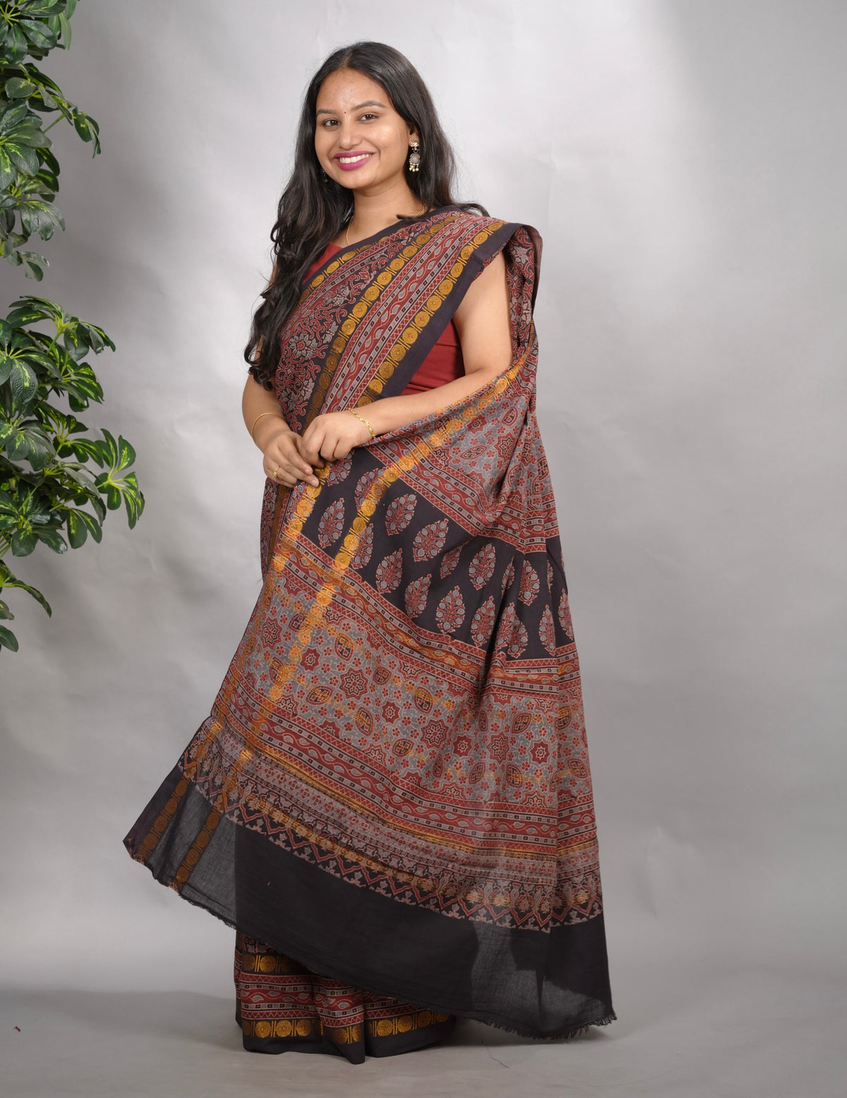 Black & Maroon Ajrakh Hand Block Printed Sungudi Cotton Saree | Looms & Tassels