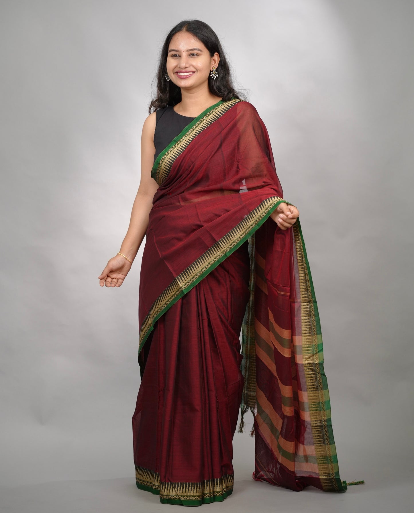 Maroon Narayanpet Cotton Saree With Temple Border | Looms & Tassels
