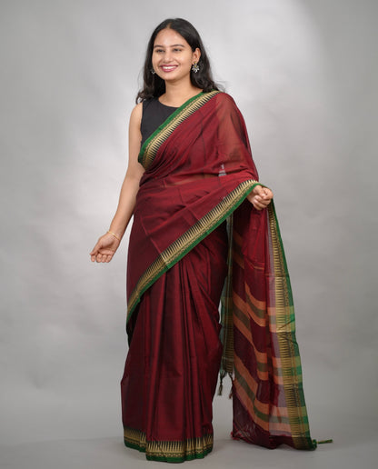 Maroon Narayanpet Cotton Saree With Temple Border | Looms & Tassels