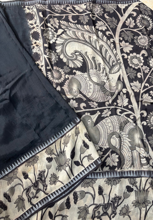 Black Kalamkari dyeing premium chennur silk saree