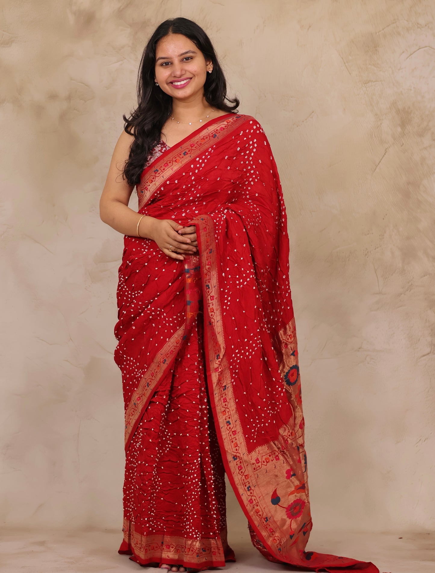 Red Handcrafted Pattern Bandhani Paithani Dola Silk Saree | Looms & Tassels