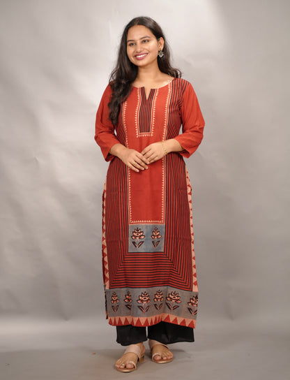 Red Ajrakh Pattern Hand Block printed Kurti | Looms & Tassels