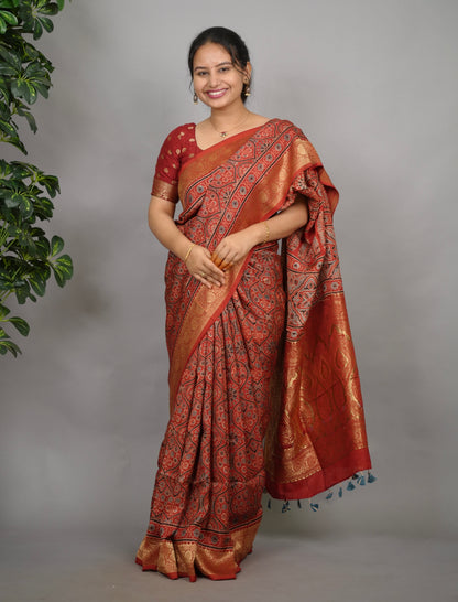 Maroon Ajrakh Handblock printed Dola Silk Saree| Looms & Tassels