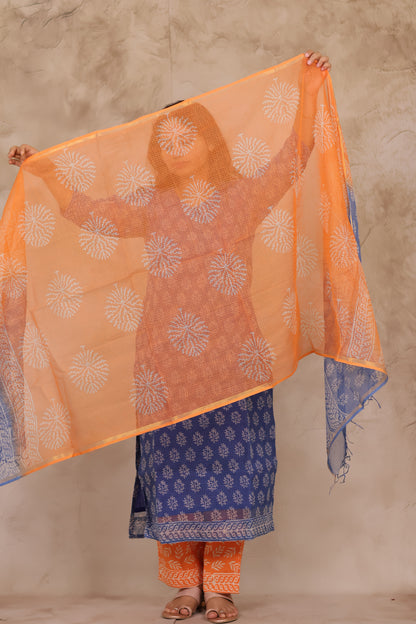 Blue Handblock printed kota 3 piece suit (stitched)