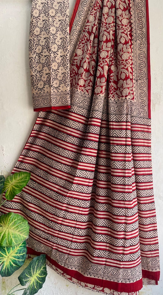 Red Bagru Handblock printed MulMul cotton saree