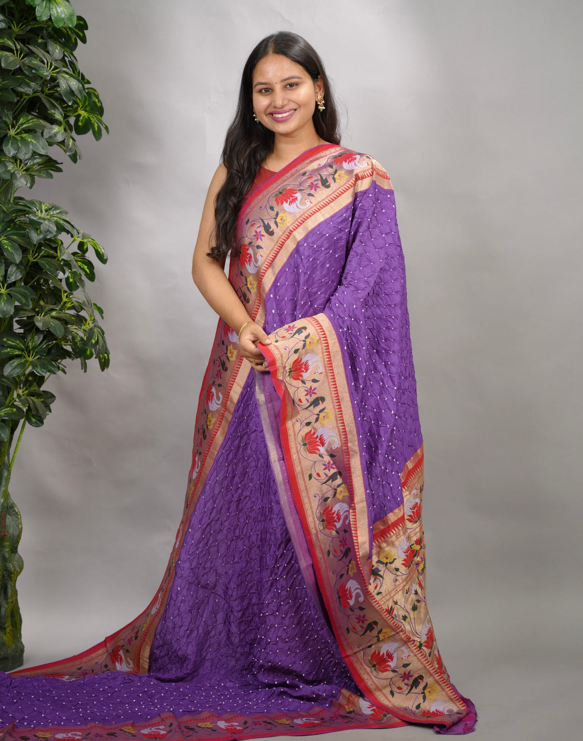 Lavender Handcrafted Bandhani Paithani Dola Silk Saree | Looms & Tassels