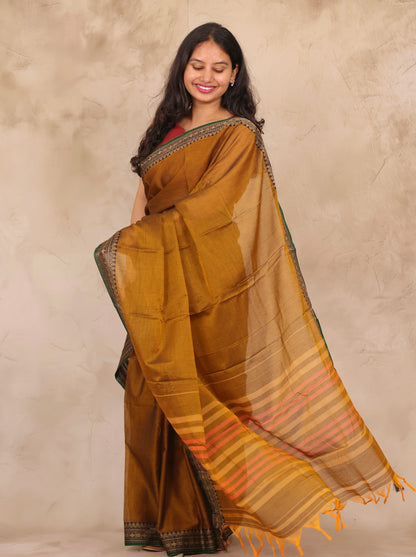 Mustard Narayanpet Cotton Saree | Looms & Tassels