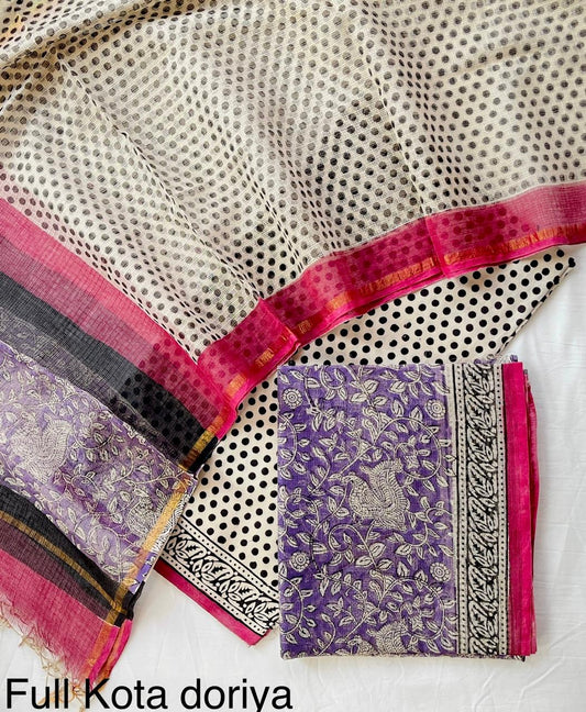 Handblock printed pure kota doria cotton 3 piece suit set