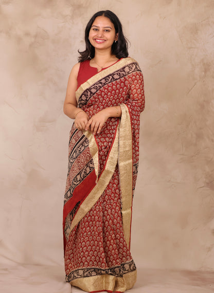 Maroon Chiffon Hand Block Printed Saree with Jari Border | Looms & Tassels