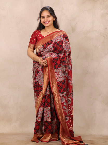 Red Ajrakh Handblock printed Dola Silk Saree | Looms & Tassels