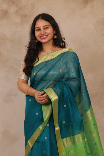 Rama Green Handloom Maheswari Silk Cotton Sarees | Looms & Tassels