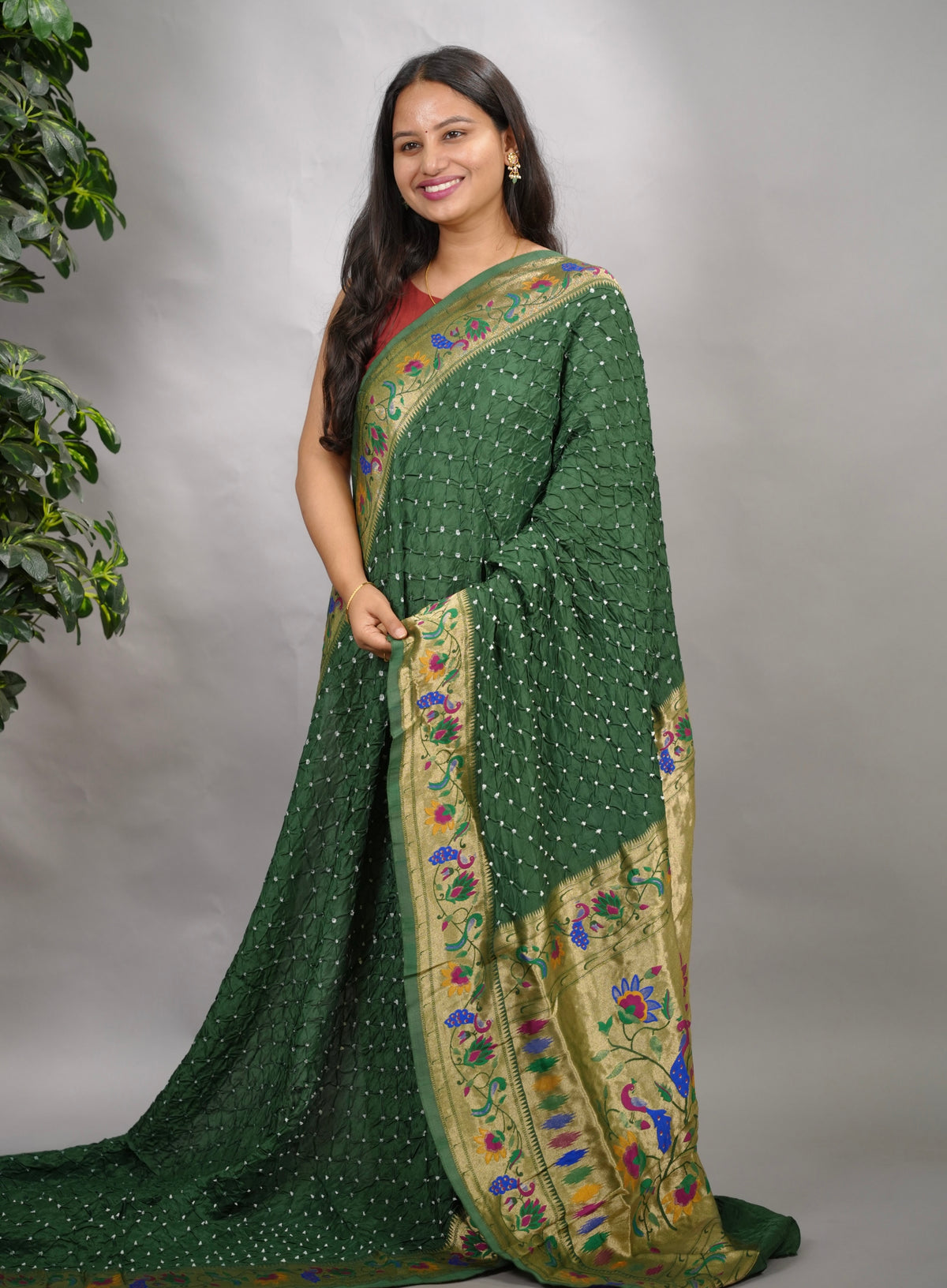 Green Handcrafted Bandhani Paithani Dola Silk Saree | Looms & Tassels