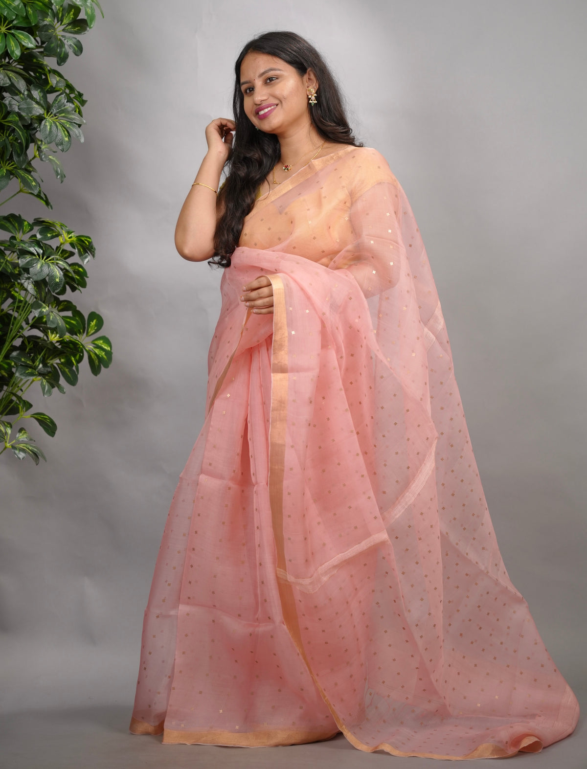 Peach Handwoven Muslin Silk Saree With Sequence Work | Looms & Tassels