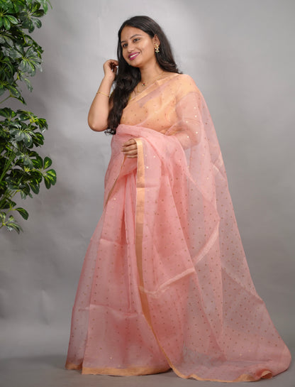 Peach Handwoven Muslin Silk Saree With Sequence Work | Looms & Tassels