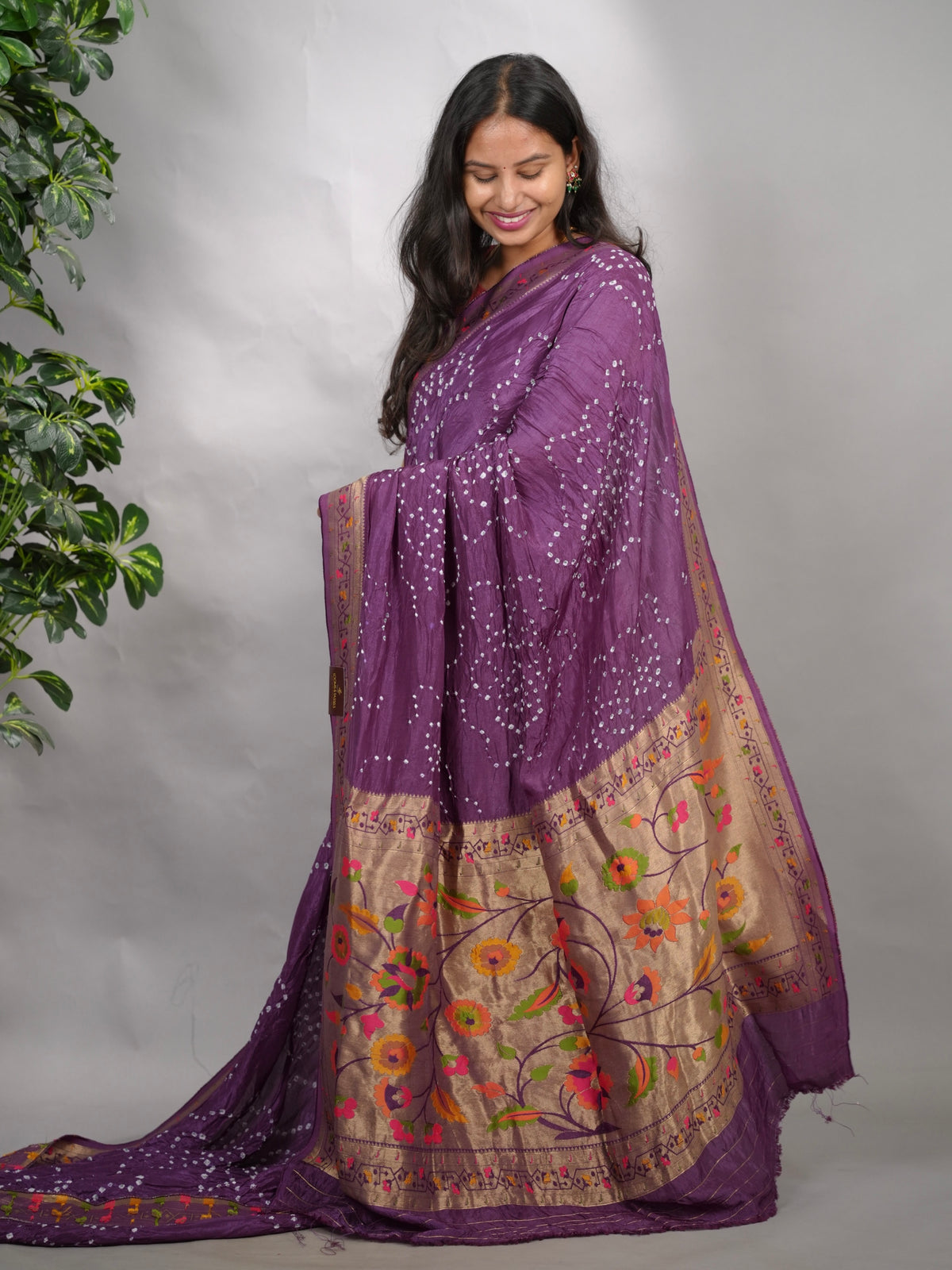 Violet Handcrafted  Pattern Bandhani Paithani Dola Silk Saree | Looms & Tassels