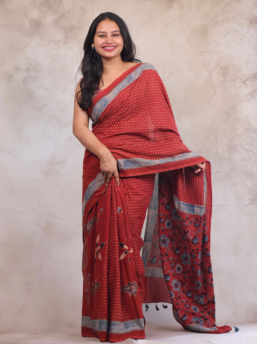 Red Ajrakh Hand Block Printed Mul Cotton Saree | Looms & Tassels
