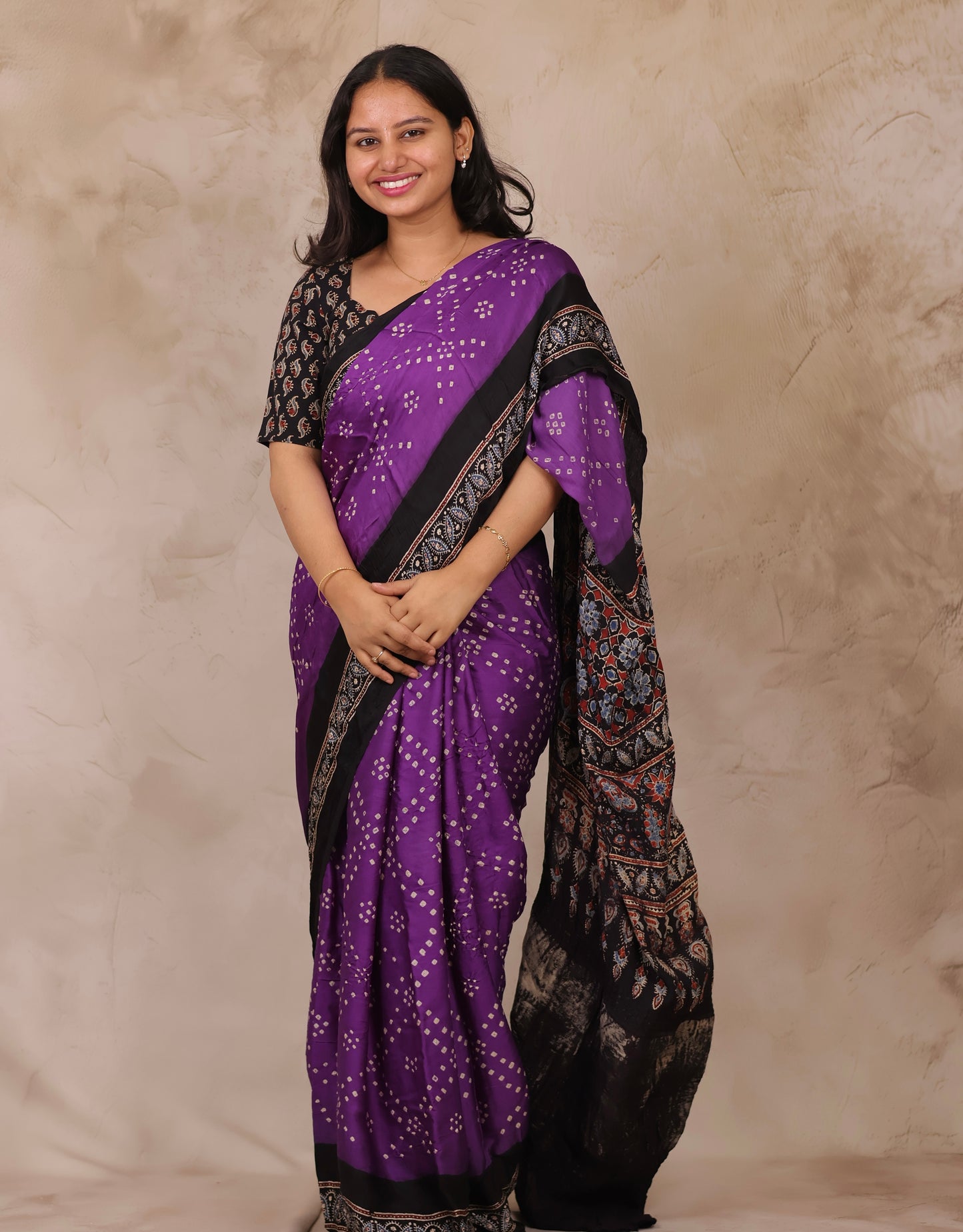 Violet Hand Knotted Bandhej Arakh Modal Silk Saree with Lagdi Pallu | Looms & Tassels