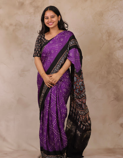 Violet Hand Knotted Bandhej Arakh Modal Silk Saree with Lagdi Pallu | Looms & Tassels