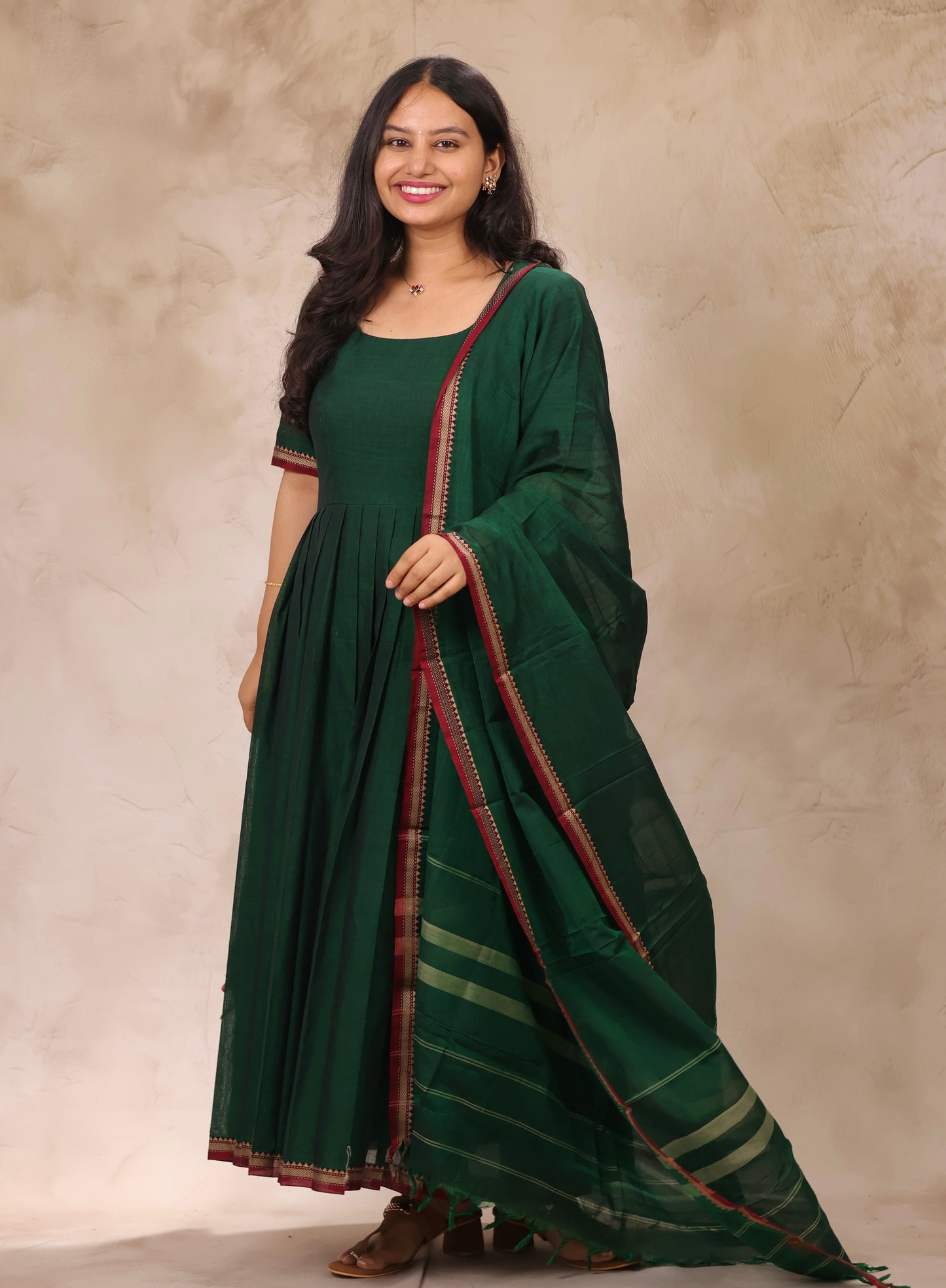 Green Narayanpet Cotton Anarkali Dress with Narayanpet Dupatta