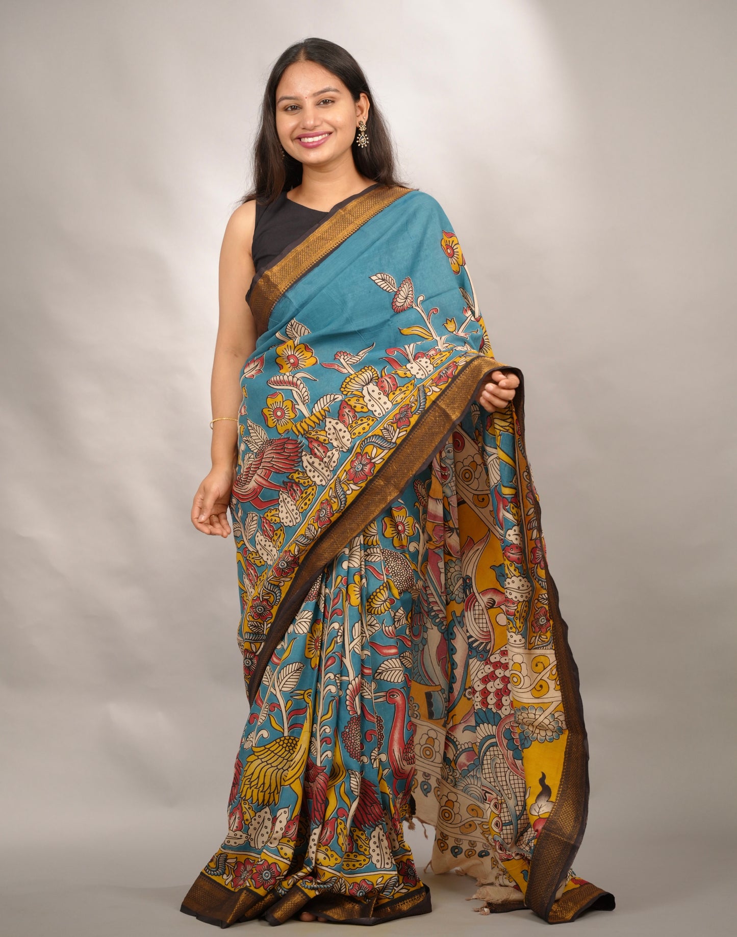 Blue Kalamkari Nizam Border Chennur Silk Saree | Looms & Tassels