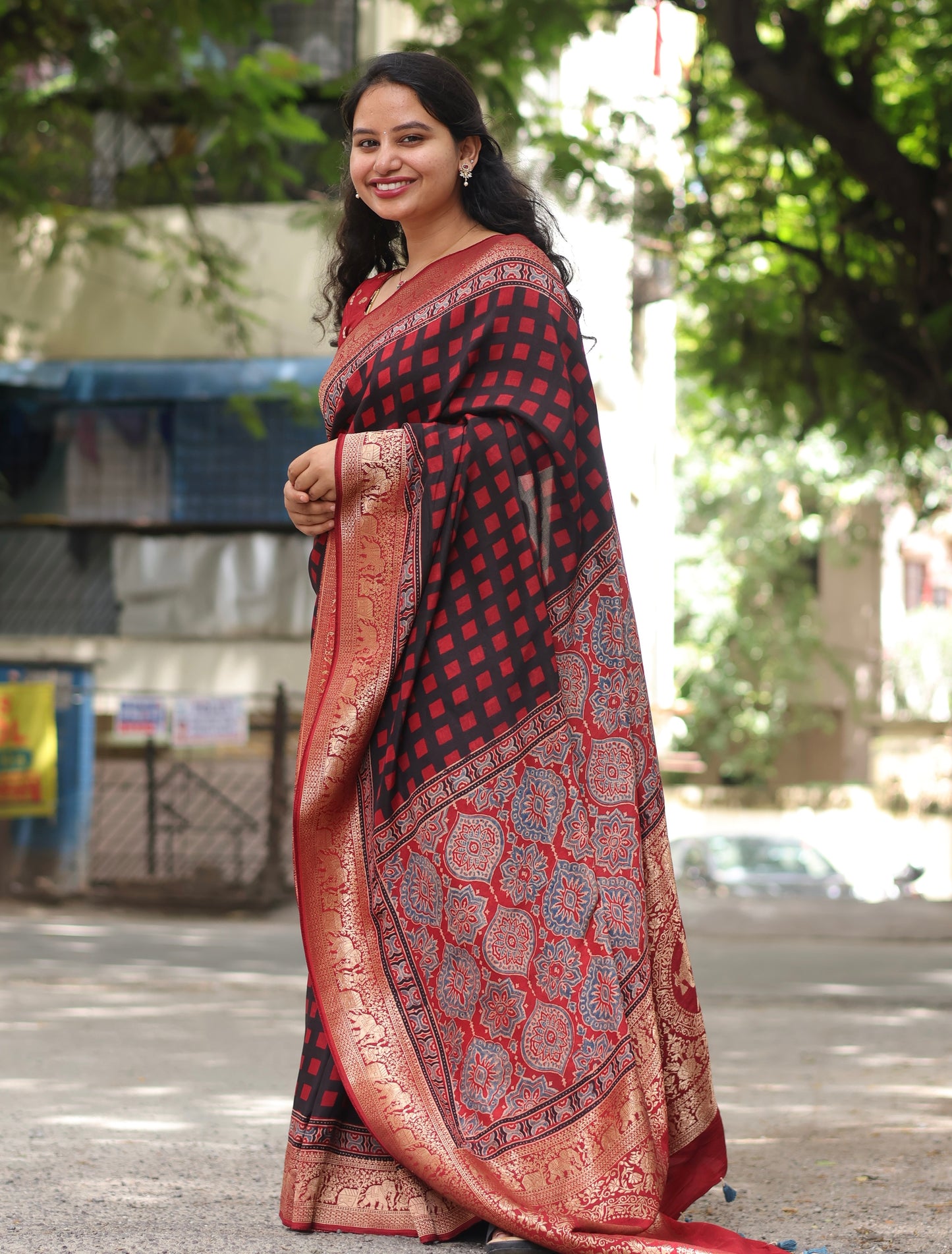Checks Contemporary Ajrakh Dola Silk Saree