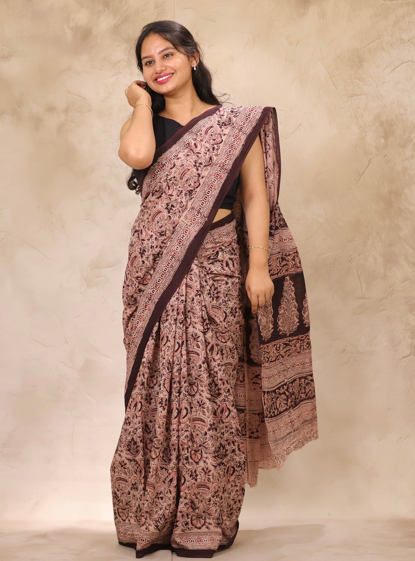 Cream Hand Block Printed Kalamkari Cotton Saree | Looms & Tassels