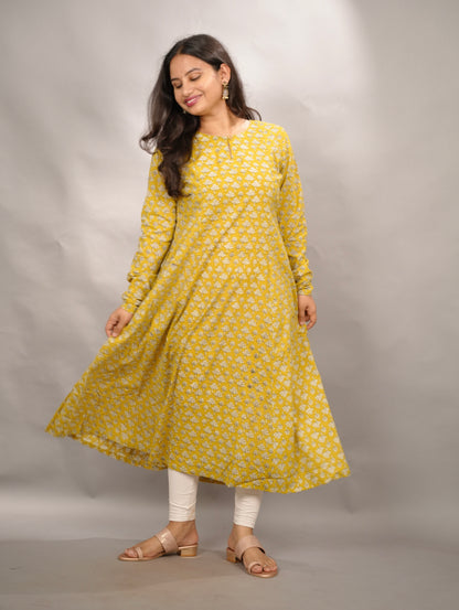 Mustard Pure Mul Cotton Kali Kurta with Chudi Sleeves | Looms & Tassels
