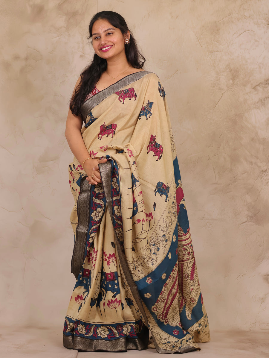 Cream Pichwai Design Kalamkari Nizam Border Chennur Silk Saree | Looms & Tassels