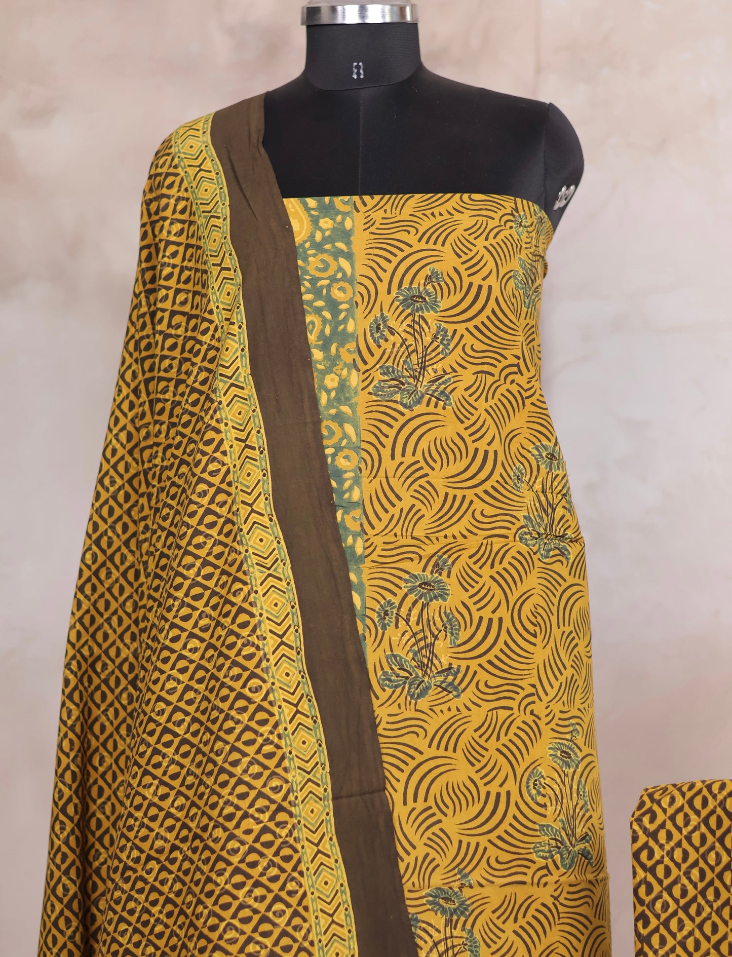 Yellow Ajrakh Handblock Printed Pure Cotton 3 piece suit set | Looms & Tassels