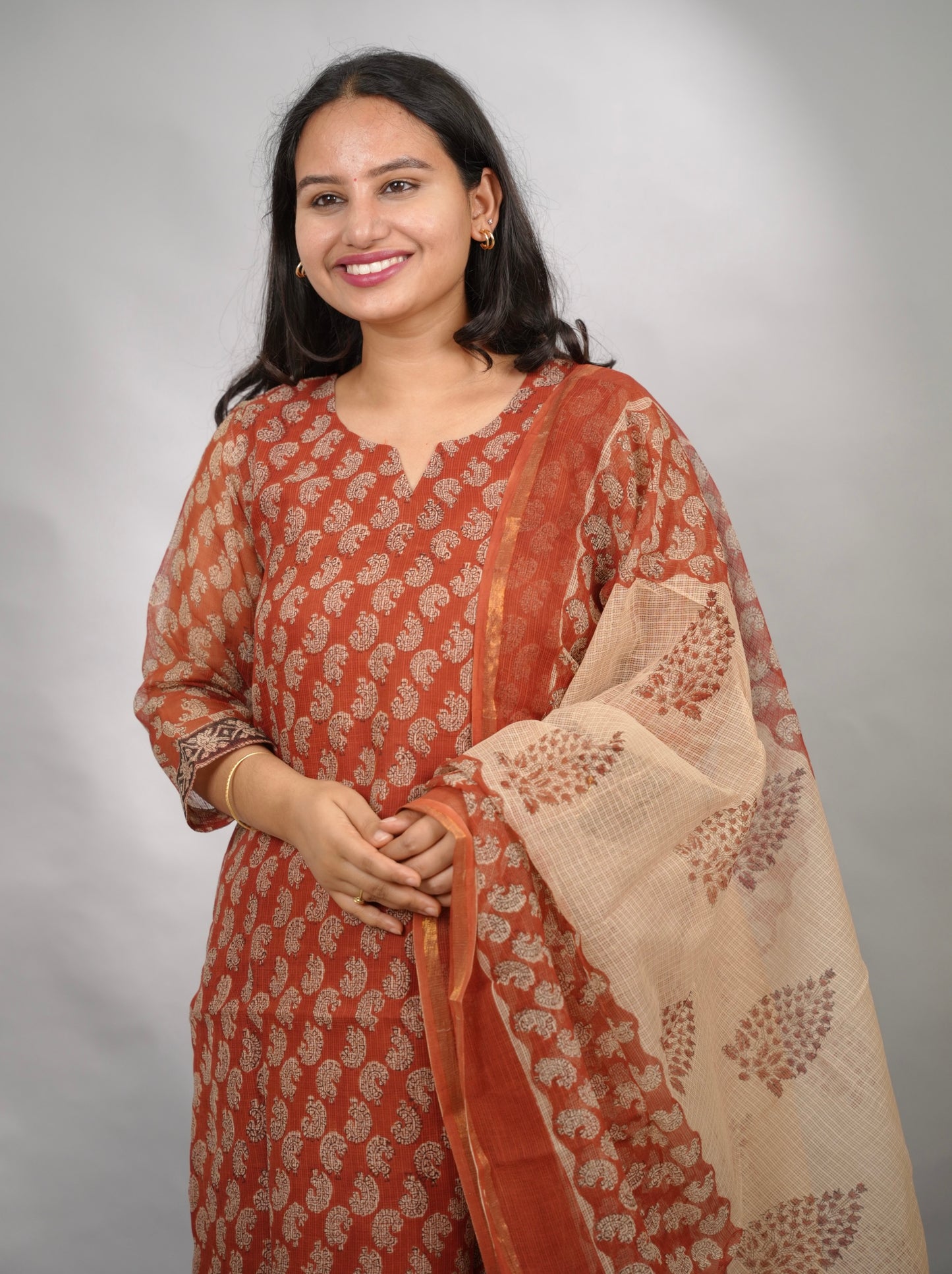 Maroon Handblock printed kota 3 piece suit (stitched)