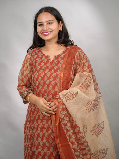 Maroon Handblock printed kota 3 piece suit (stitched)