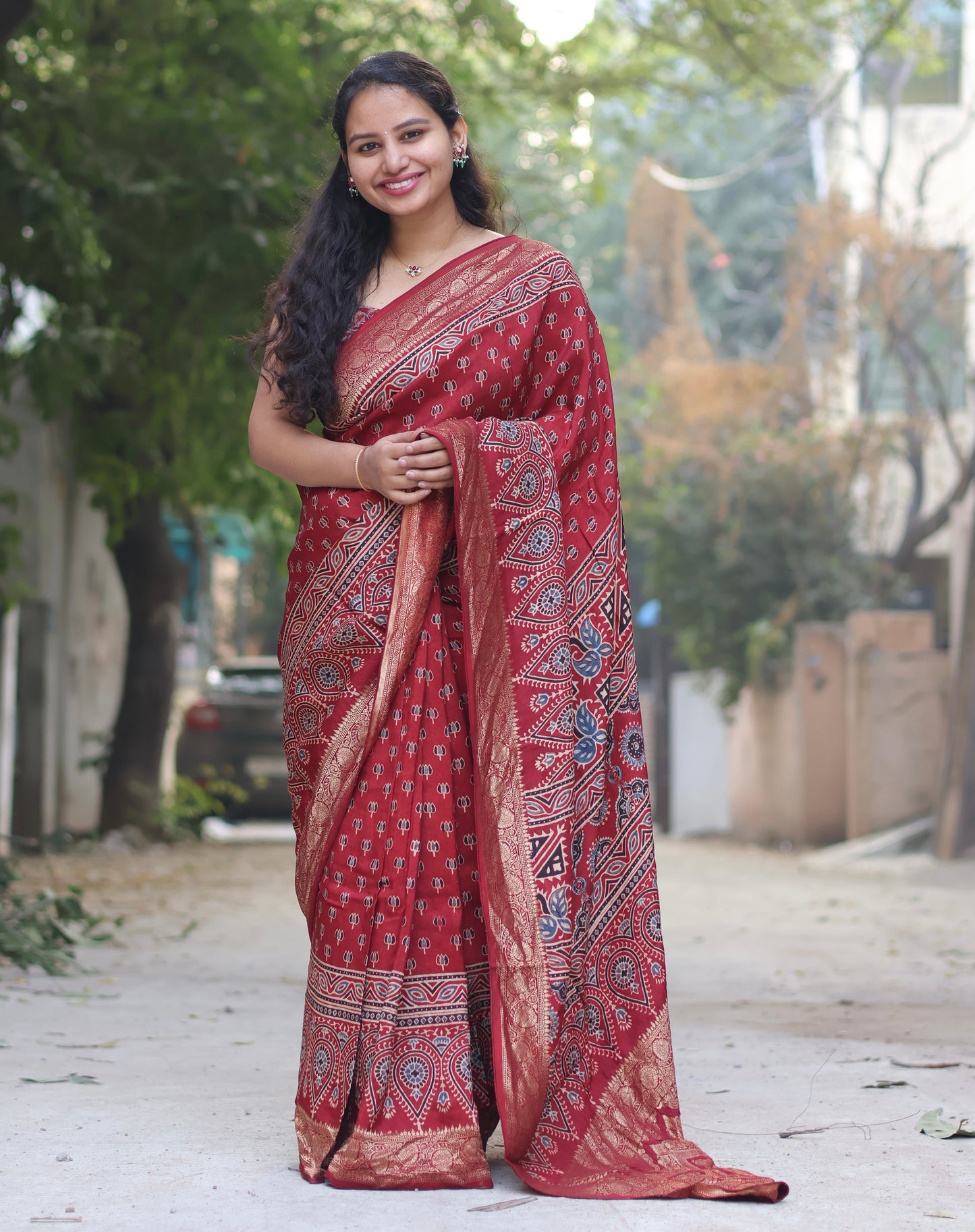 Lotus Ajrakh Handblock Printed Dola Silk Saree