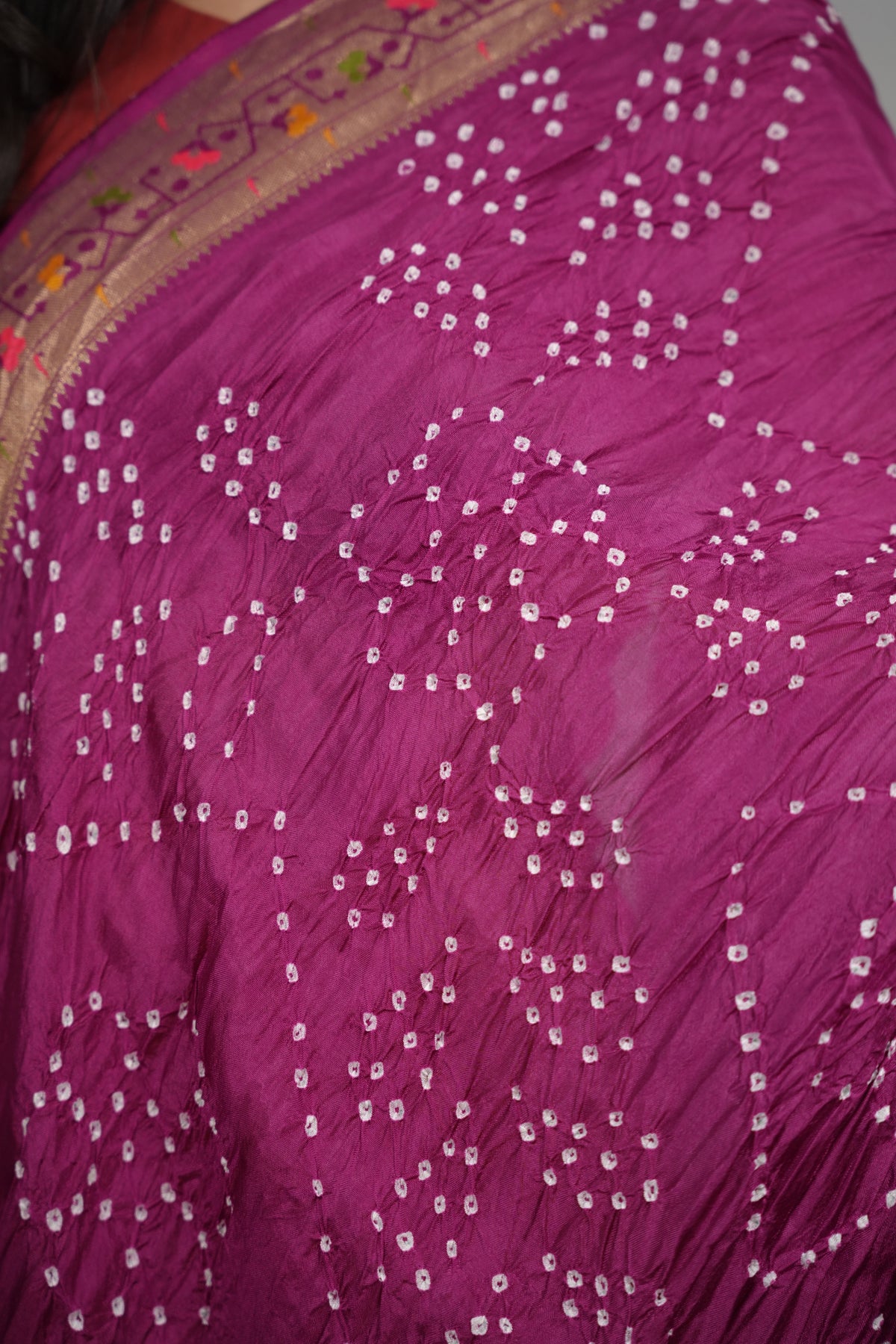Magenta Handcrafted Pattern Bandhani Paithani Dola Silk Saree | Looms & Tassels