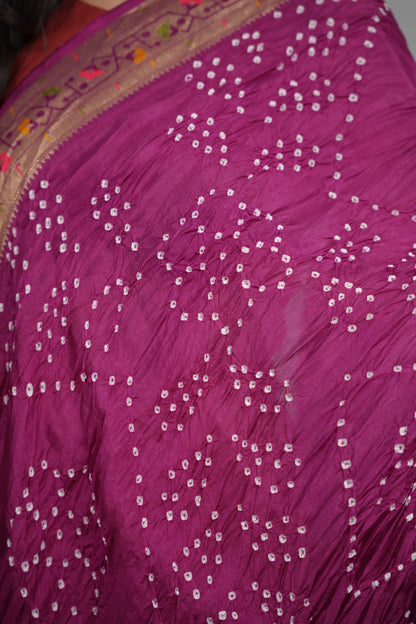 Magenta Handcrafted Pattern Bandhani Paithani Dola Silk Saree | Looms & Tassels