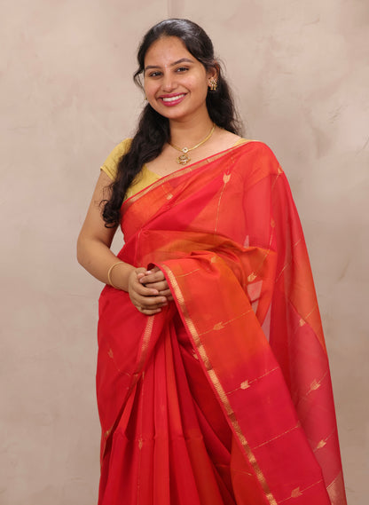 Orange Handloom Maheswari Silk Cotton Sarees | Looms & Tassels