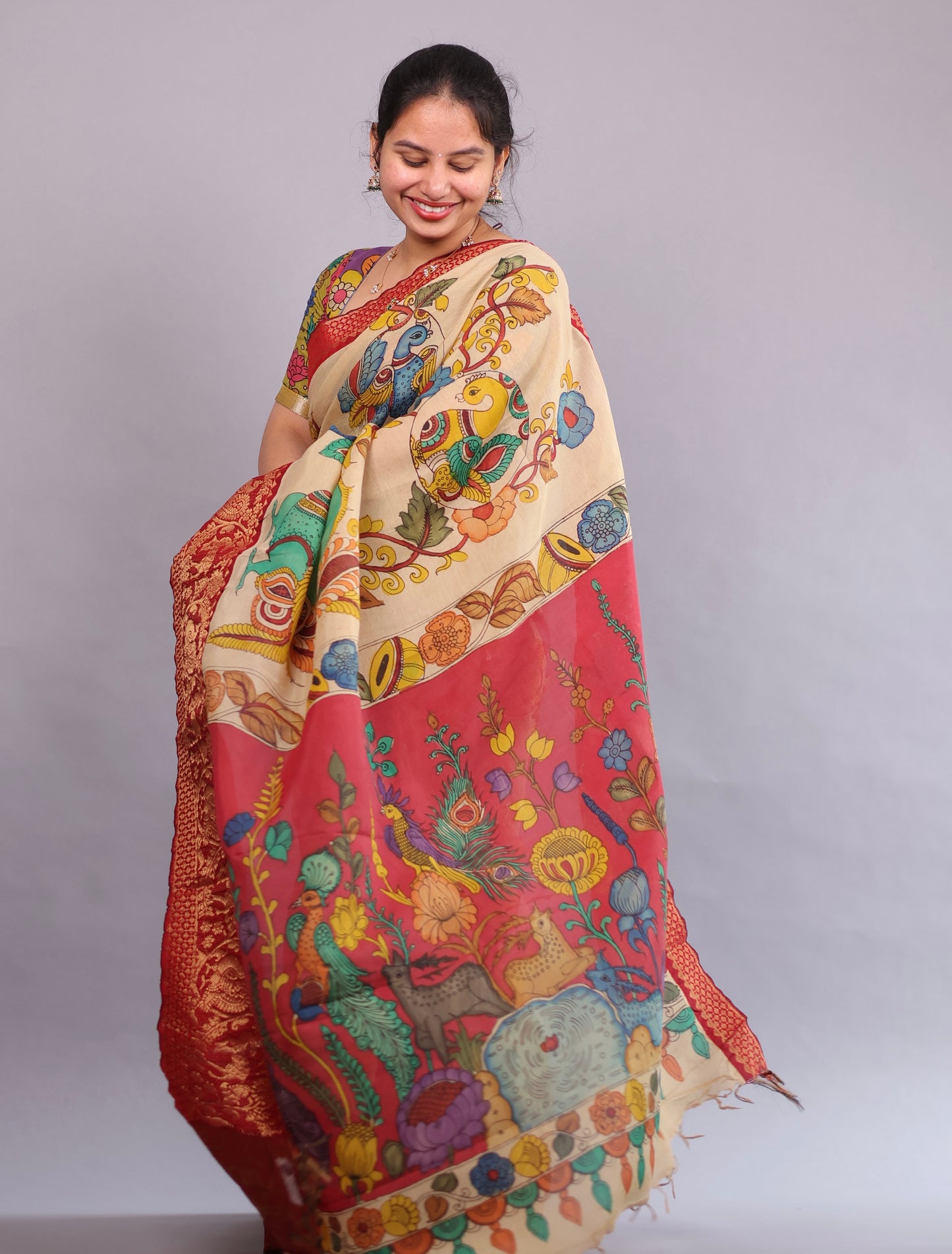 Cream Hand Painted Pen Kalamkari Silk Saree