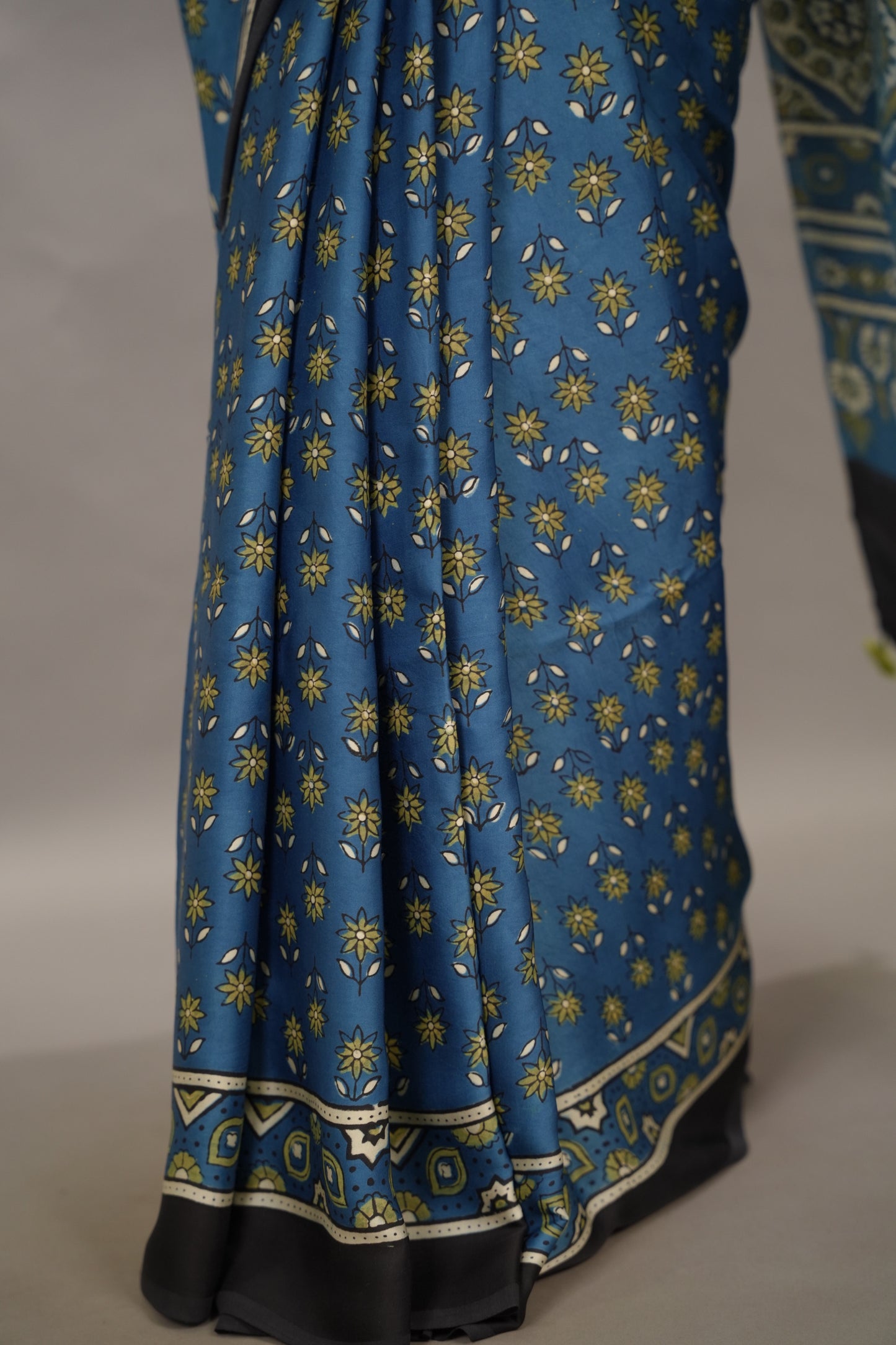 Blue Authentic Ajrakh Handblock Printed Modal Silk Saree | Looms & Tassels