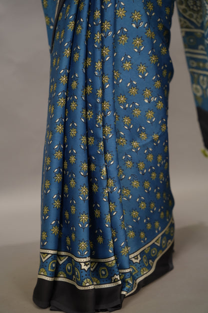 Blue Authentic Ajrakh Handblock Printed Modal Silk Saree | Looms & Tassels