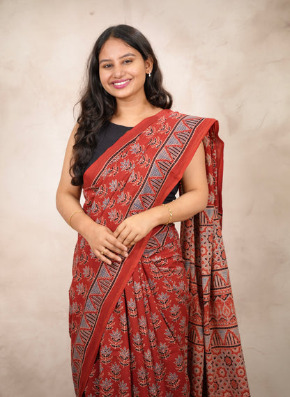 Red Ajrakh Hand Block Printed Cotton Saree | Looms & Tassels
