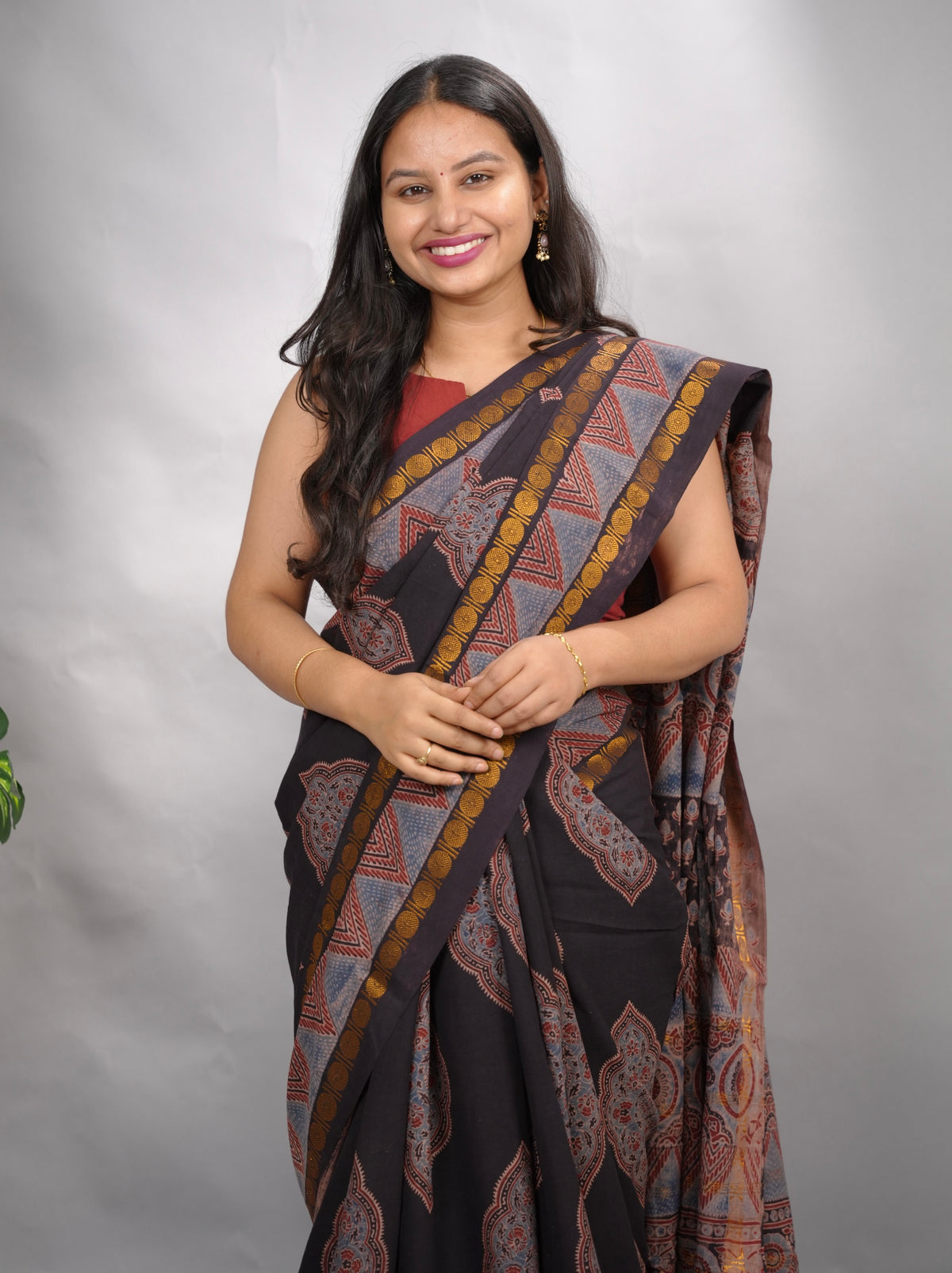 Black Ajrakh Hand Block Printed Sungudi Cotton Saree | Looms & Tassels