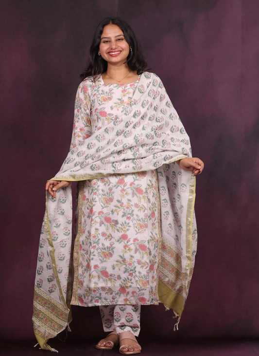 White Linen Cotton Handblock printed 3 piece suit (stitched)