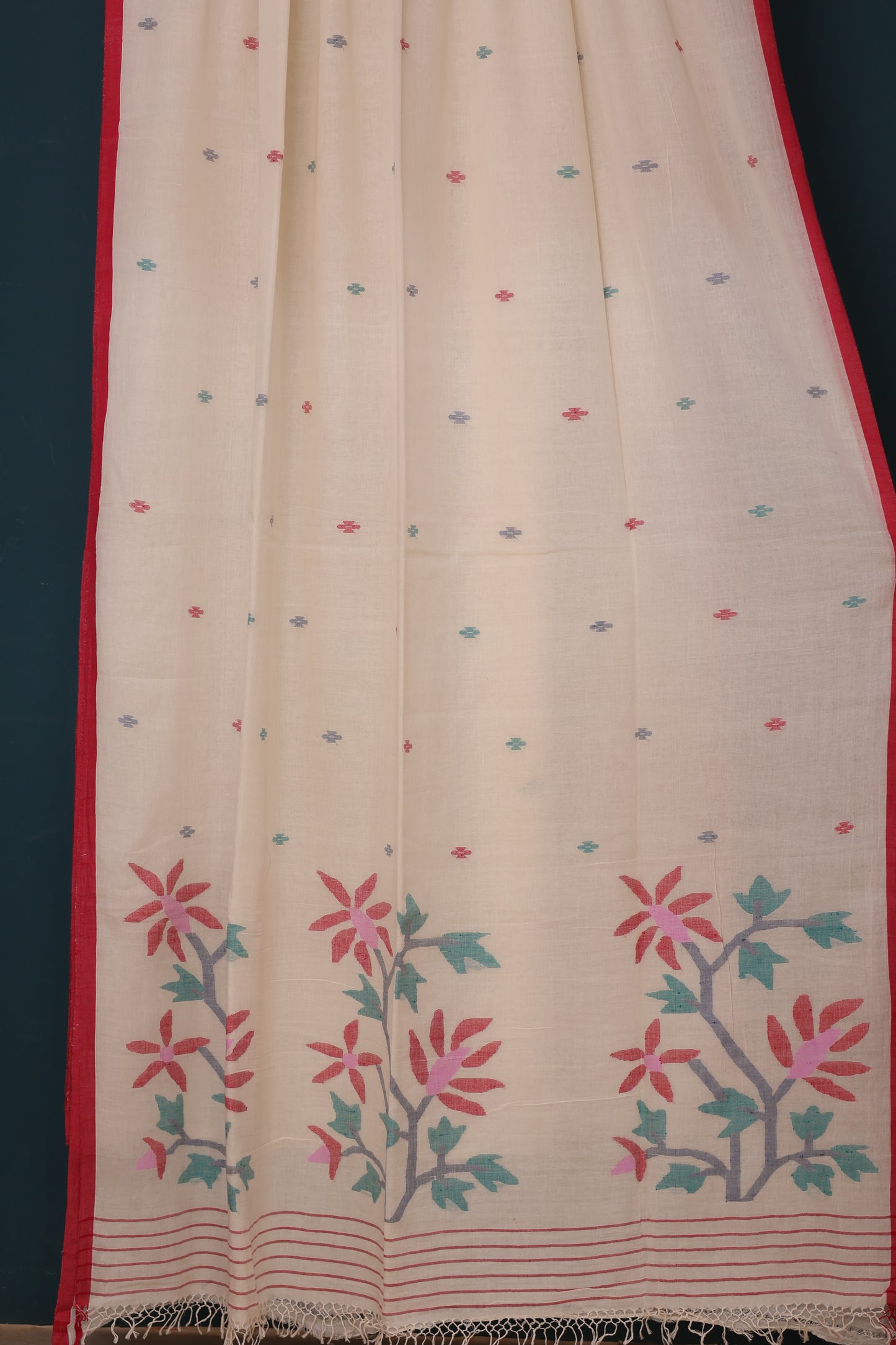 White & Red Pink Pure Handwoven Jamdhani Malai Cotton Saree