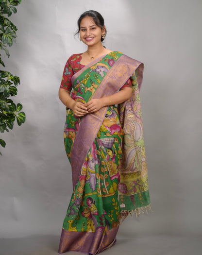 Green Hand Drawn Pen Kalamkari Bangalore Silk Kanchi Border Saree | Looms & Tassels