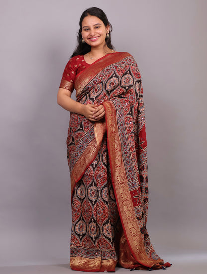 Red & Black Handcrafted Ajrakh Dola Silk Saree with Authentic Banjara Mirror Work | Looms & Tassel