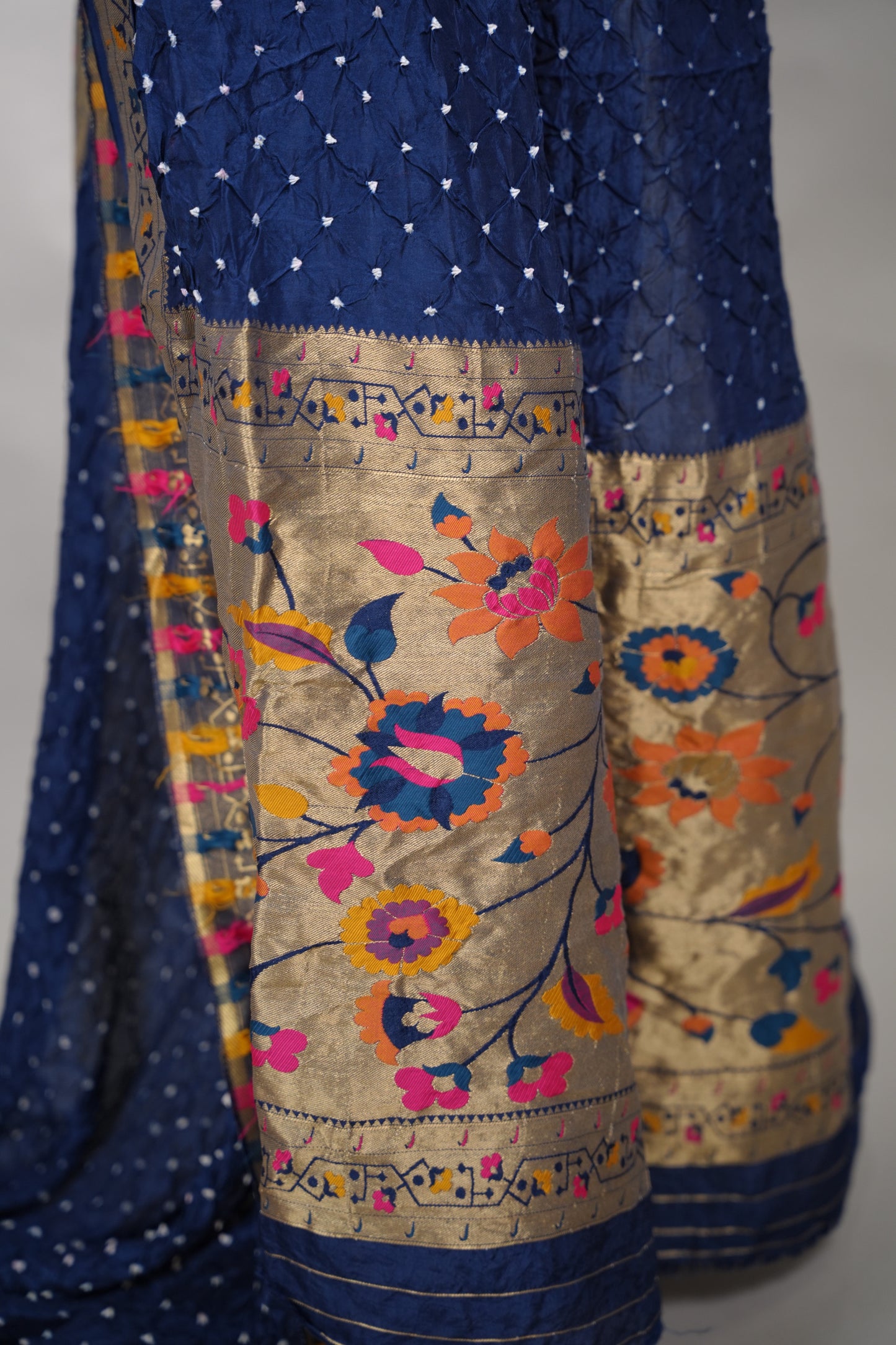 Cyan Blue Handcrafted Bandhani Paithani Dola Silk Saree | Looms & Tassels