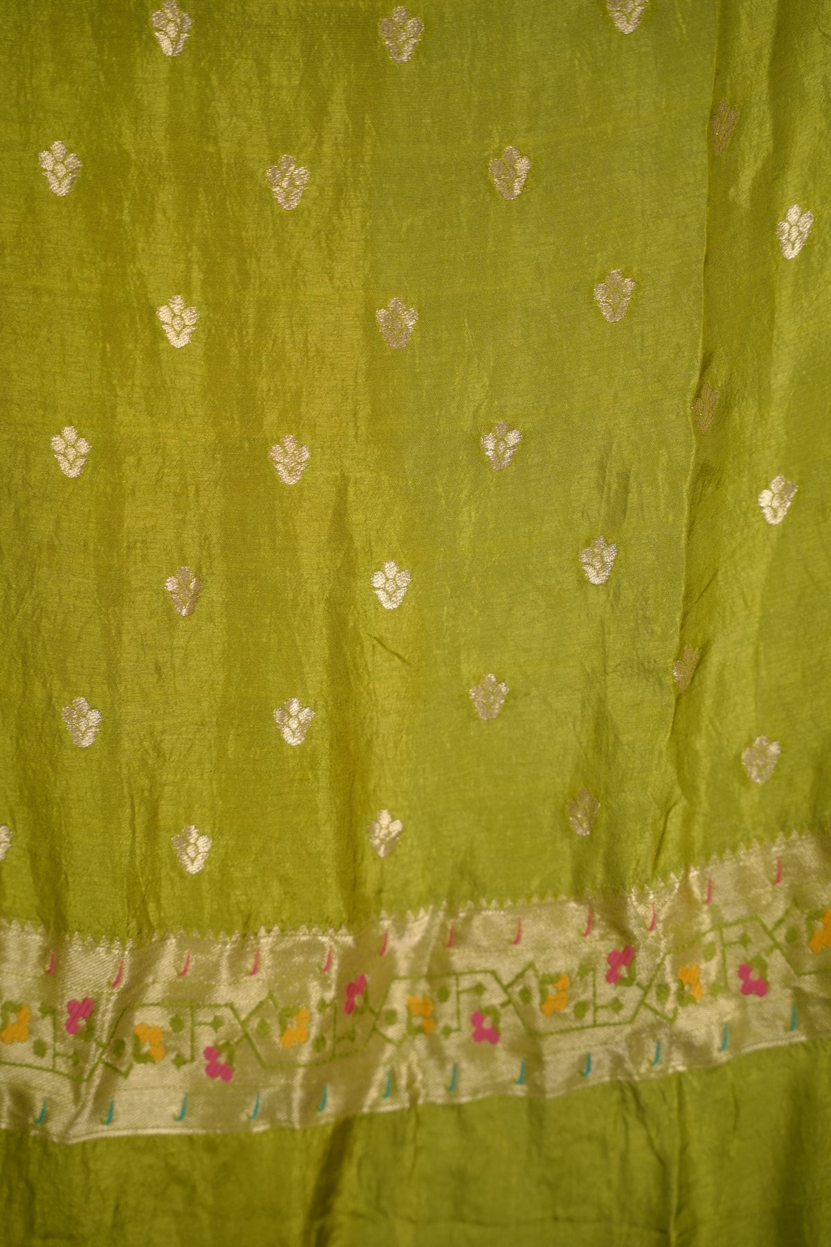 Olive Green Handcrafted Pattern Bandhani Paithani Dola Silk Saree | Looms & Tassels