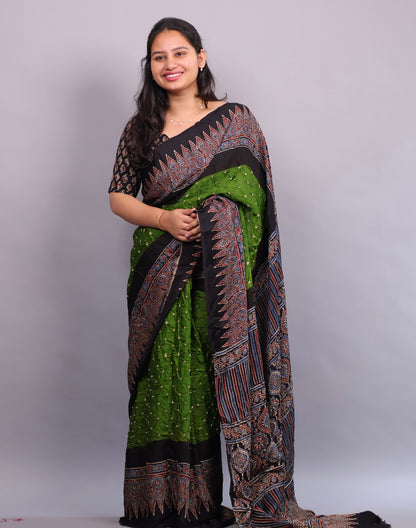 Parrot Green Hand Knotted Ajrakh Bandhej Modal Silk Saree | Looms & Tassels