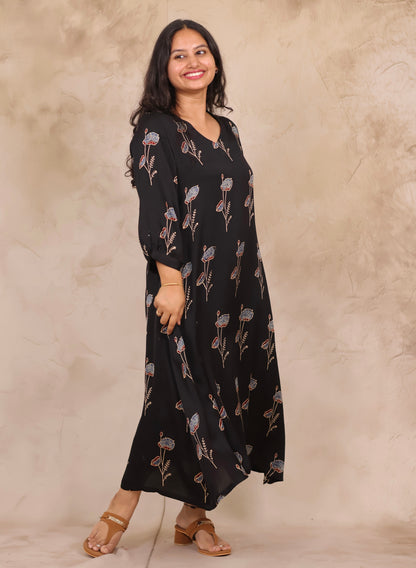 Black Ajrakh Modal Silk Aline Dress | Looms & Tassels